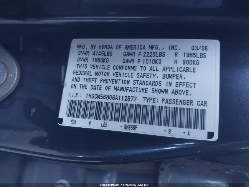 2006 Honda Accord 2.4 Ex VIN: 1HGCM56806A112877 Lot: 43819602