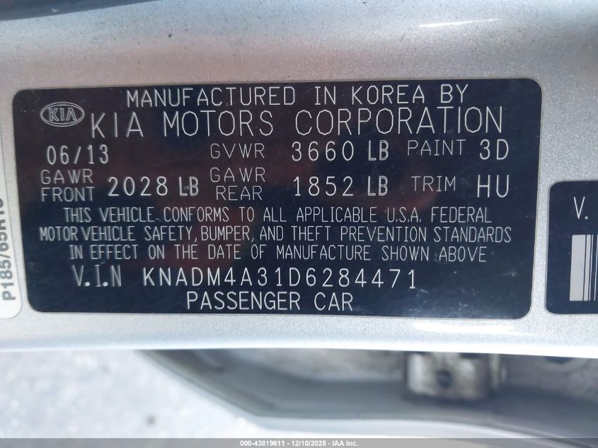 2013 Kia Rio Lx VIN: KNADM4A31D6284471 Lot: 43819611