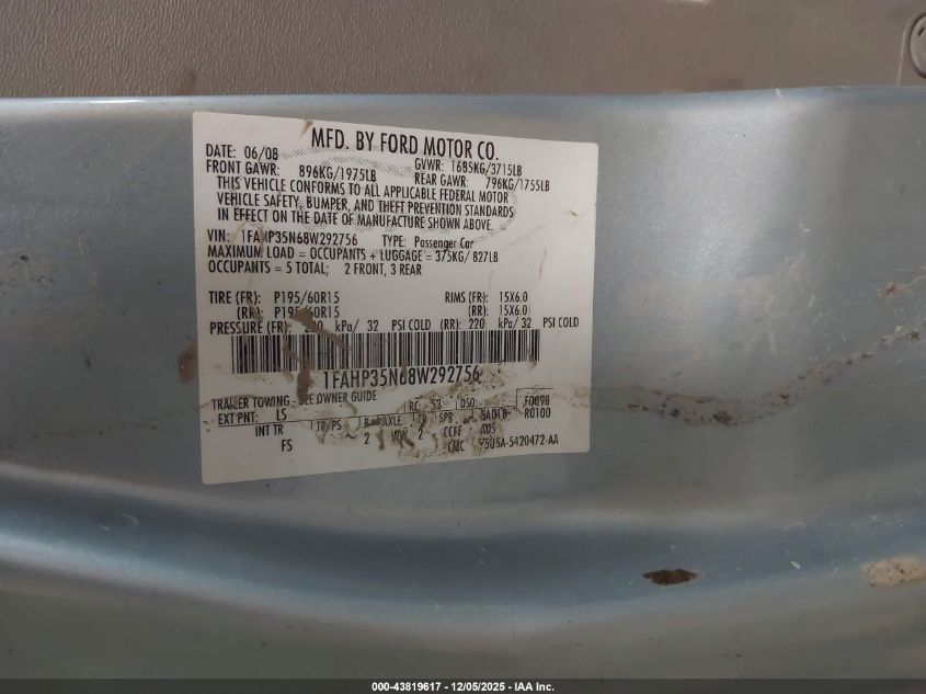 2008 Ford Focus Se/Ses VIN: 1FAHP35N68W292756 Lot: 43819617