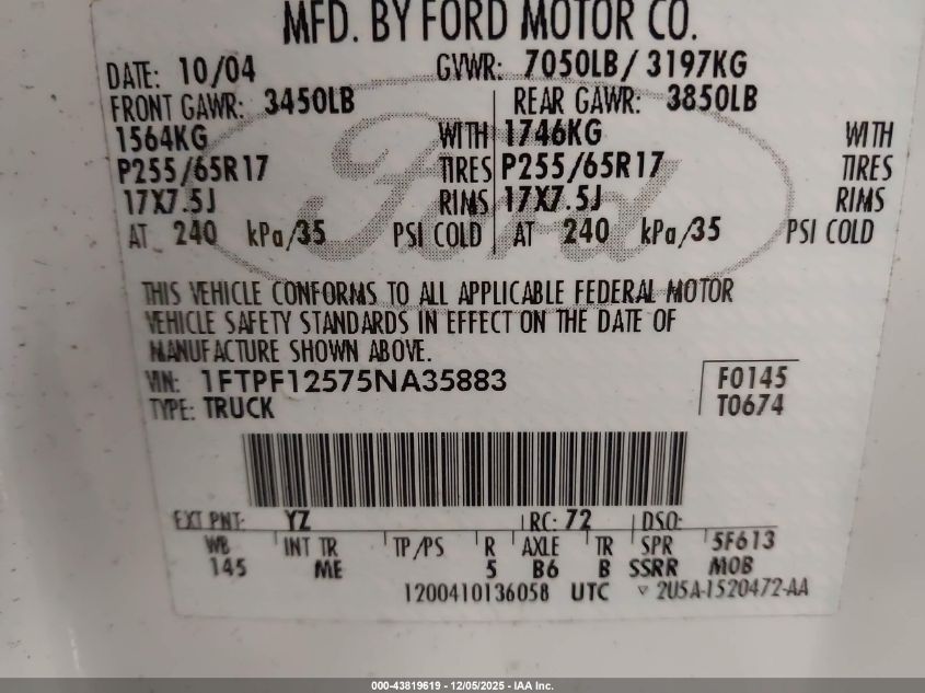 2005 Ford F-150 Xl/Xlt VIN: 1FTPF12575NA35883 Lot: 43819619