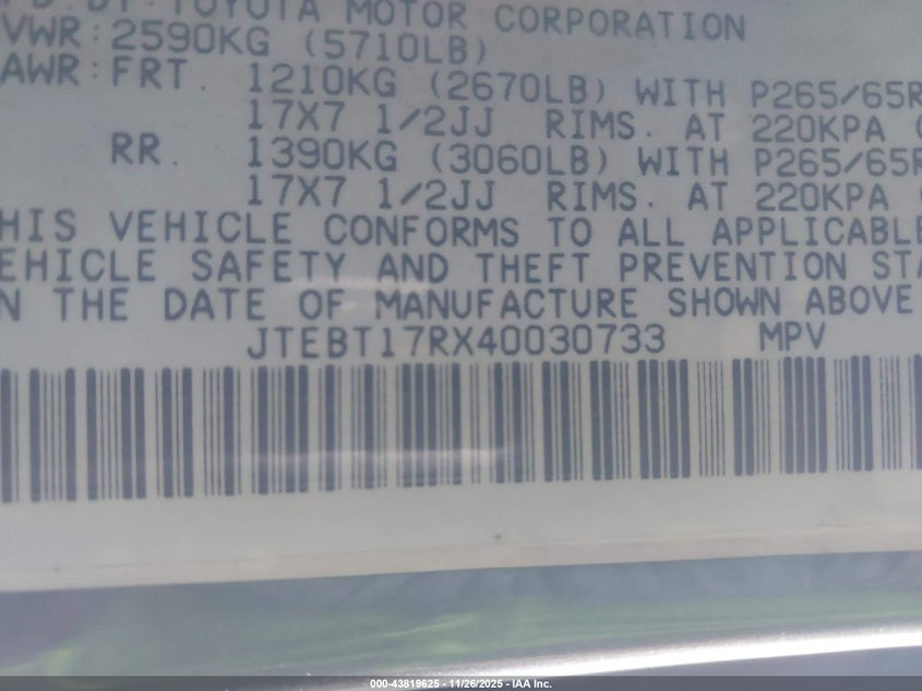 2004 Toyota 4Runner Limited V8 VIN: JTEBT17RX40030733 Lot: 43819625