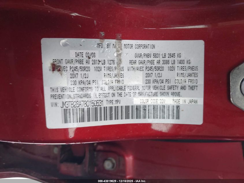 2008 Mazda Cx-9 Grand Touring VIN: JM3TB28A780150531 Lot: 43819629