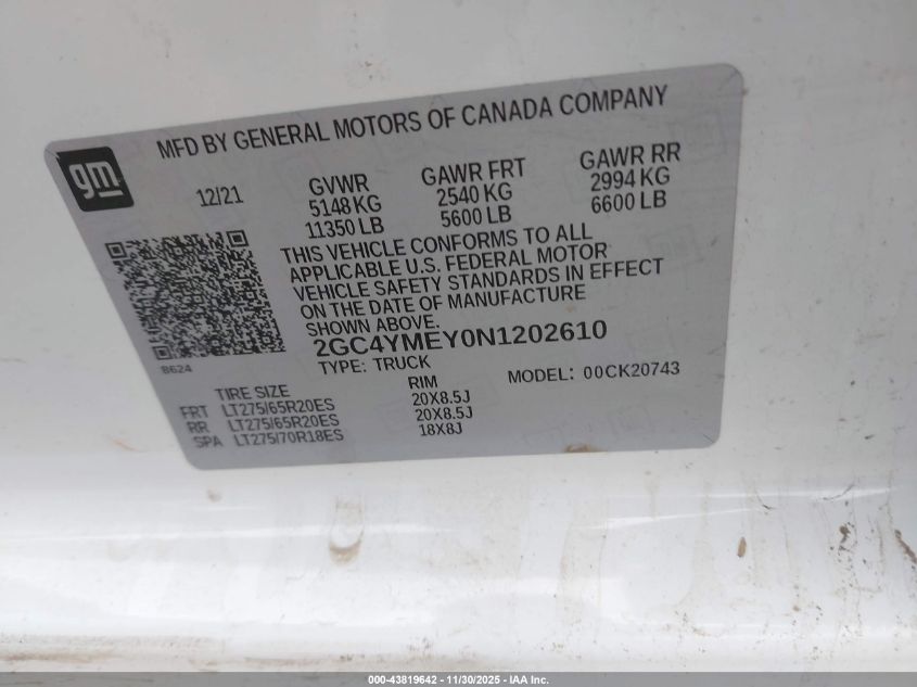 2022 Chevrolet Silverado 2500Hd 4Wd Standard Bed Custom VIN: 2GC4YMEY0N1202610 Lot: 43819642