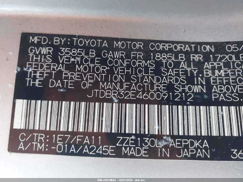 2006 Toyota Corolla Ce VIN: JTDBR32E460091212 Lot: 43819643