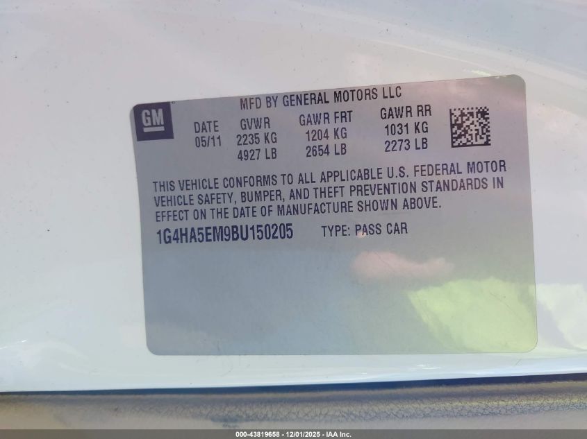 2011 Buick Lucerne Cx VIN: 1G4HA5EM9BU150205 Lot: 43819658