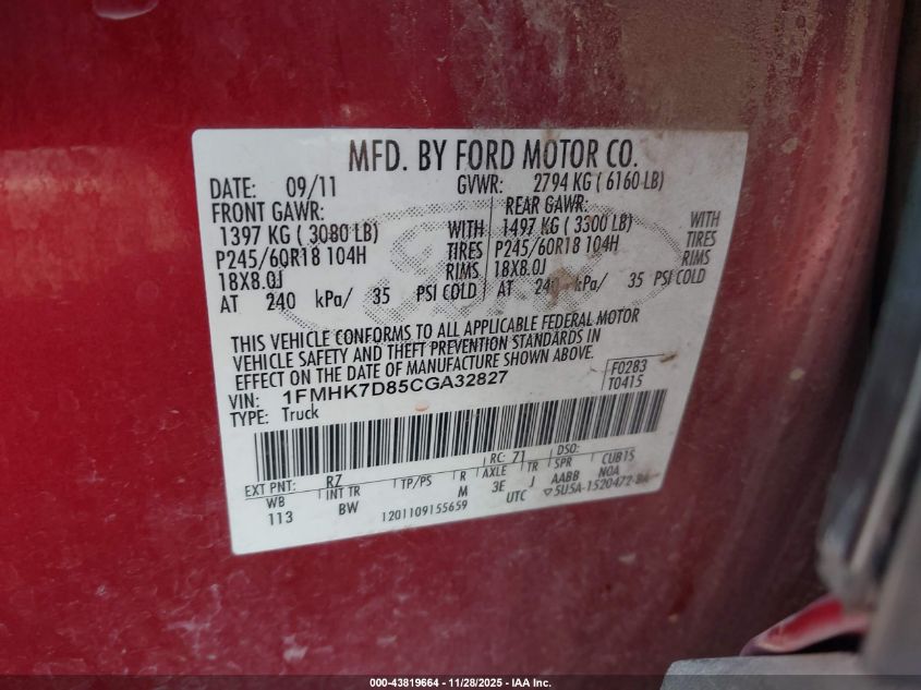 2012 Ford Explorer Xlt VIN: 1FMHK7D85CGA32827 Lot: 43819664