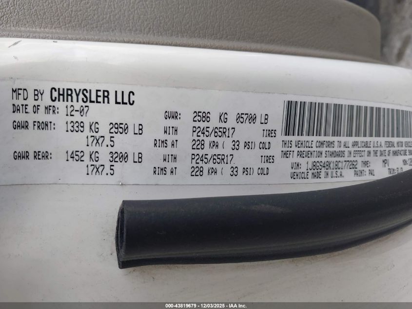 2008 Jeep Grand Cherokee Laredo VIN: 1J8GS48K18C177262 Lot: 43819679