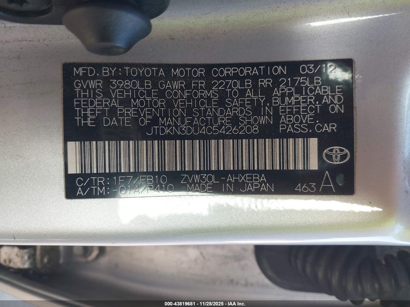 2012 Toyota Prius Two VIN: JTDKN3DU4C5426208 Lot: 43819681