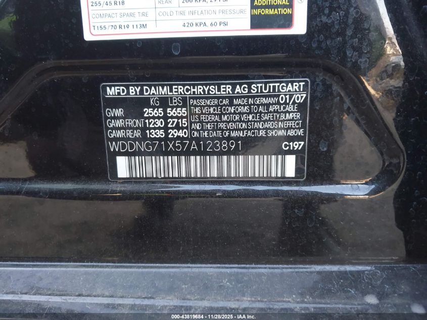 2007 Mercedes-Benz S 550 VIN: WDDNG71X57A123891 Lot: 43819684