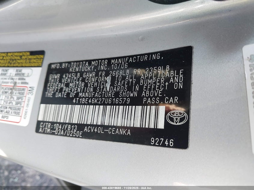 2007 Toyota Camry Le VIN: 4T1BE46K27U616579 Lot: 43819688