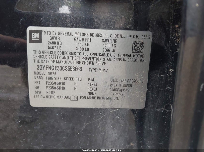 2012 Cadillac Srx Standard VIN: 3GYFNGE33CS653663 Lot: 43819690