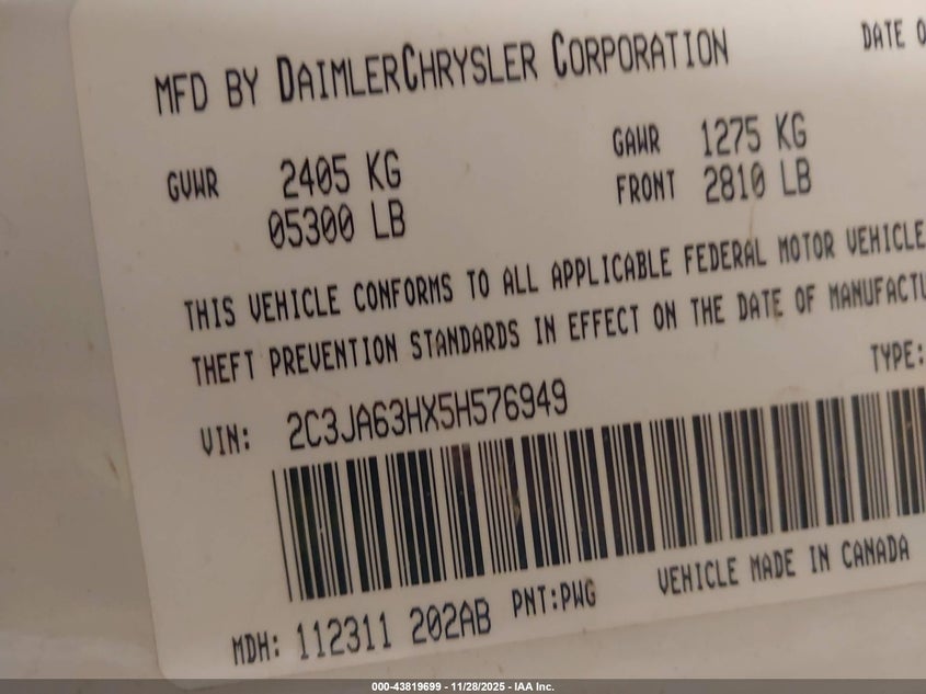 2005 Chrysler 300C VIN: 2C3JA63HX5H576949 Lot: 43819699