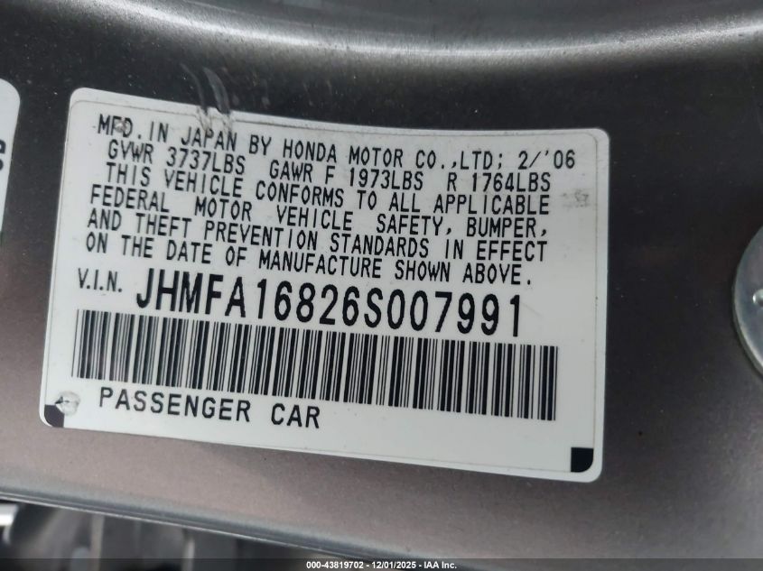 2006 Honda Civic Ex VIN: JHMFA16826S007991 Lot: 43819702