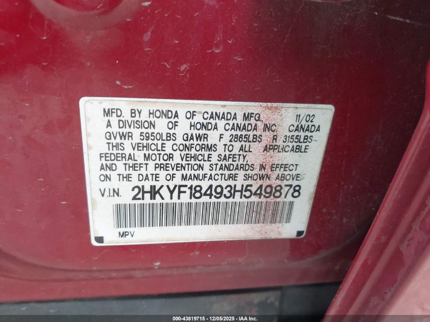 2003 Honda Pilot Ex VIN: 2HKYF18493H549878 Lot: 43819715