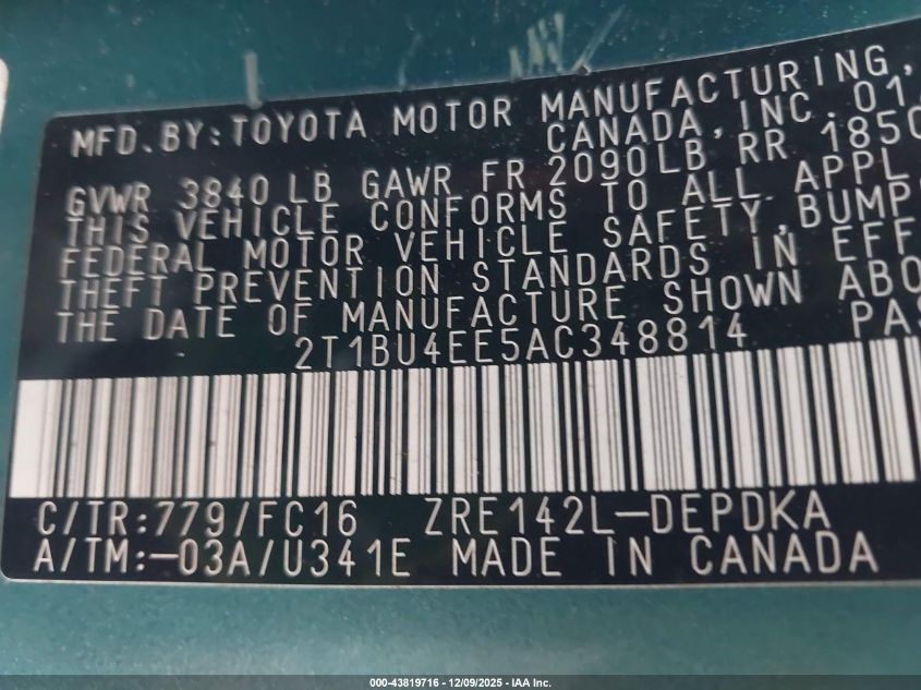 2010 Toyota Corolla Le VIN: 2T1BU4EE5AC348814 Lot: 43819716