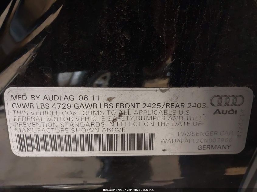 2012 Audi A4 2.0T Premium VIN: WAUAFAFL2CN007966 Lot: 43819723
