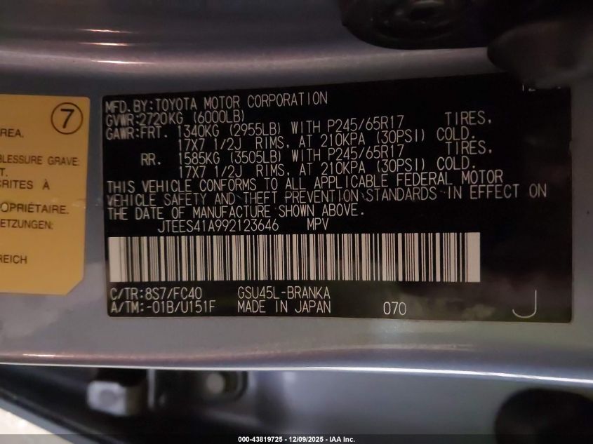 2009 Toyota Highlander VIN: JTEES41A992123646 Lot: 43819725