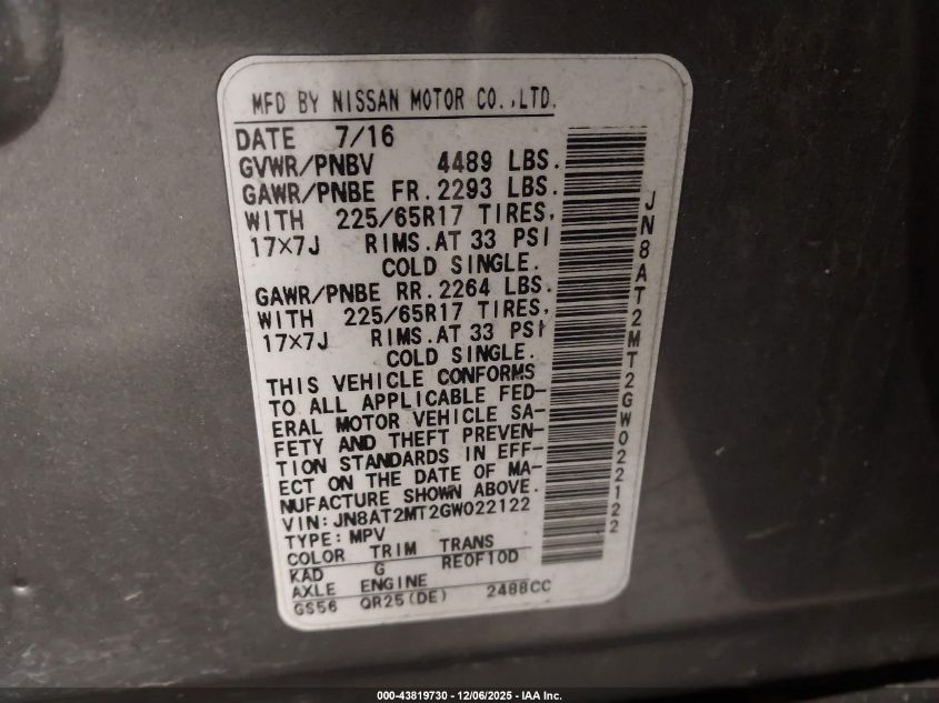 2016 Nissan Rogue S VIN: JN8AT2MT2GW022122 Lot: 43819730