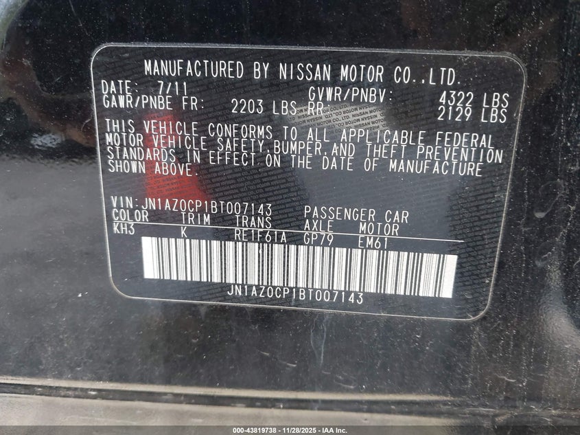 2011 Nissan Leaf Sl VIN: JN1AZ0CP1BT007143 Lot: 43819738