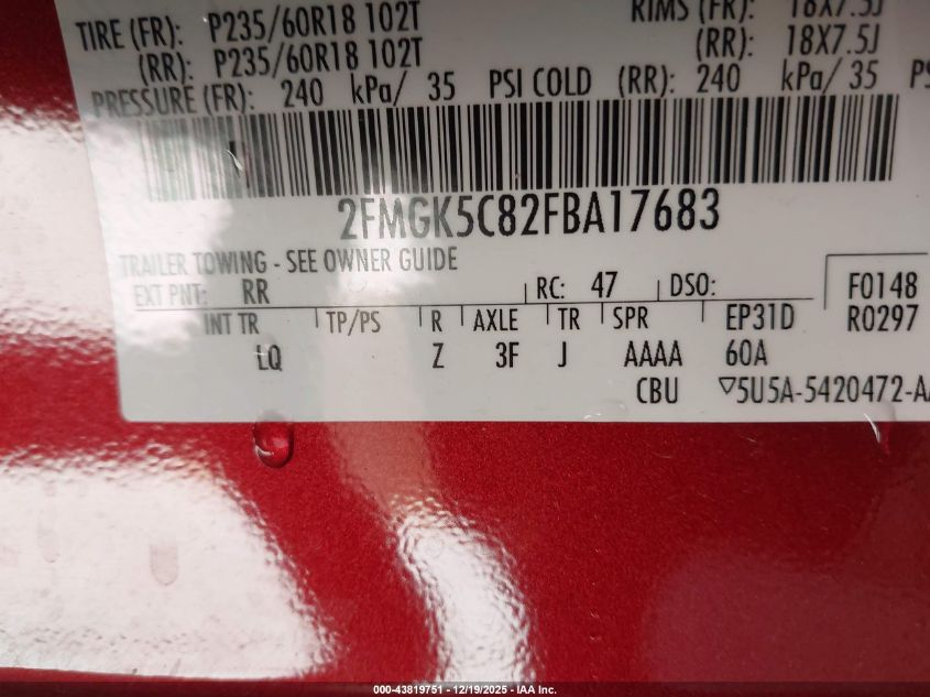 2015 Ford Flex Sel VIN: 2FMGK5C82FBA17683 Lot: 43819751