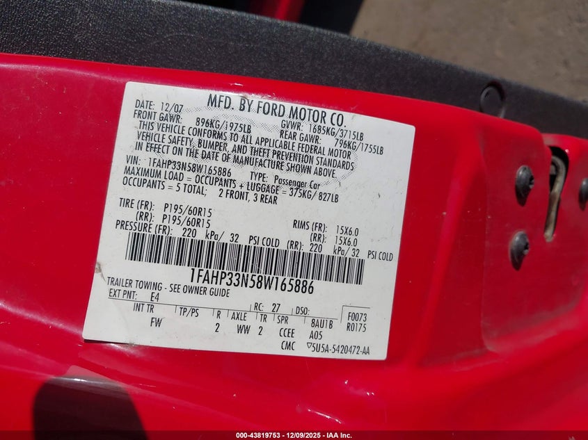 1FAHP33N58W165886 2008 FORD FOCUS photo no. 9