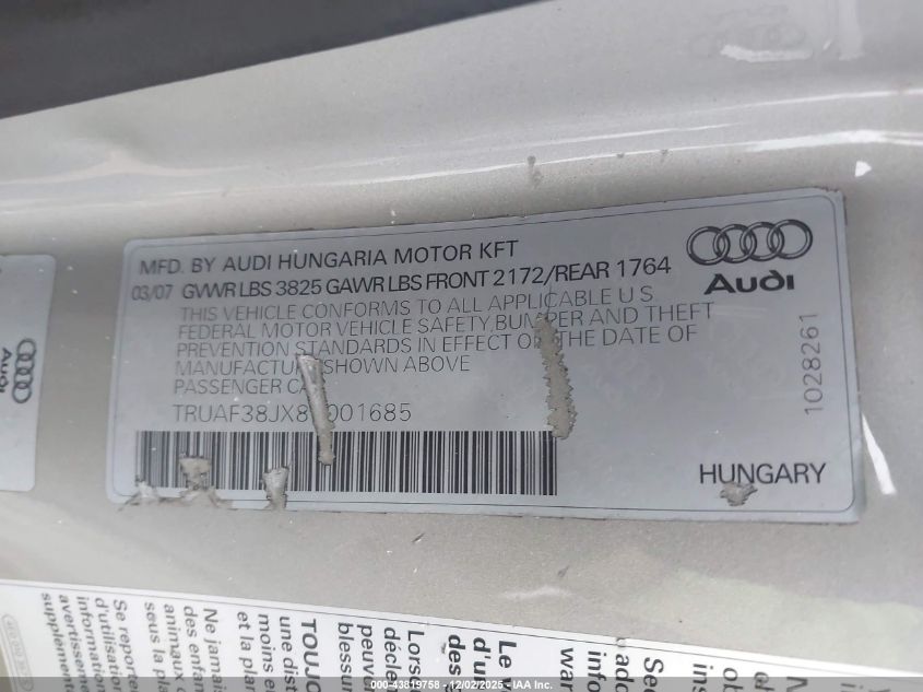 2008 Audi Tt 2.0T VIN: TRUAF38JX81001685 Lot: 43819758