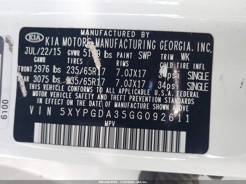 2016 Kia Sorento 2.4L Lx VIN: 5XYPGDA35GG092611 Lot: 43819763