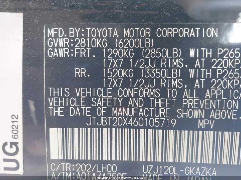 2006 Lexus Gx 470 VIN: JTJBT20X460105719 Lot: 43819766