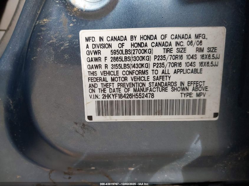 2006 Honda Pilot Ex VIN: 2HKYF18426H552478 Lot: 43819767
