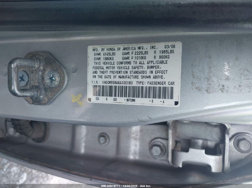 2006 Honda Accord 2.4 Ex VIN: 1HGCM55846A100183 Lot: 43819771