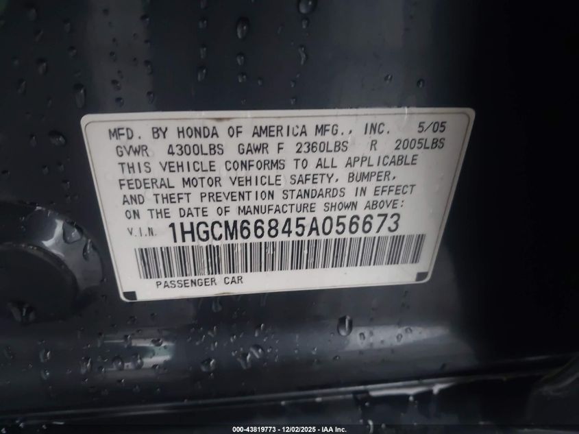 2005 Honda Accord 3.0 Ex VIN: 1HGCM66845A056673 Lot: 43819773