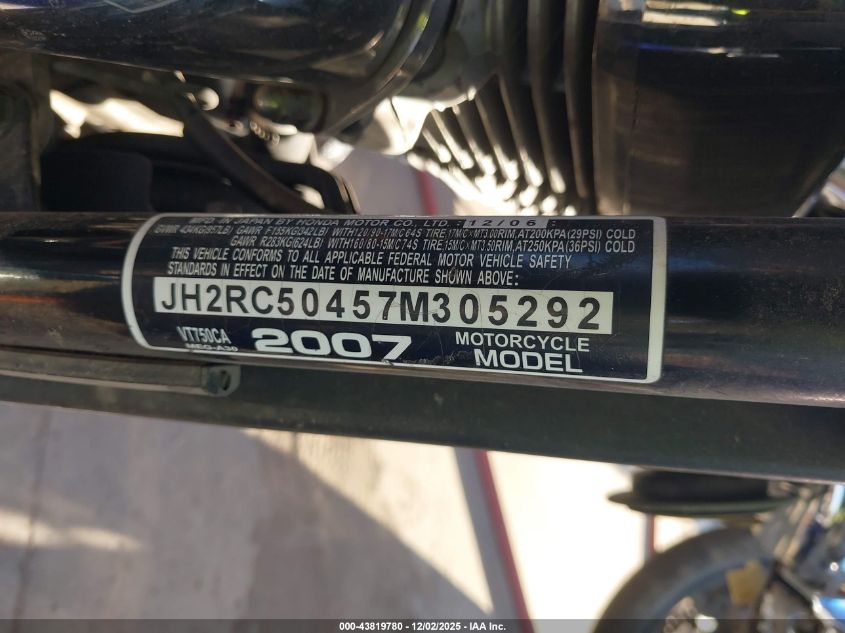 2007 Honda Vt750 VIN: JH2RC50457M305292 Lot: 43819780