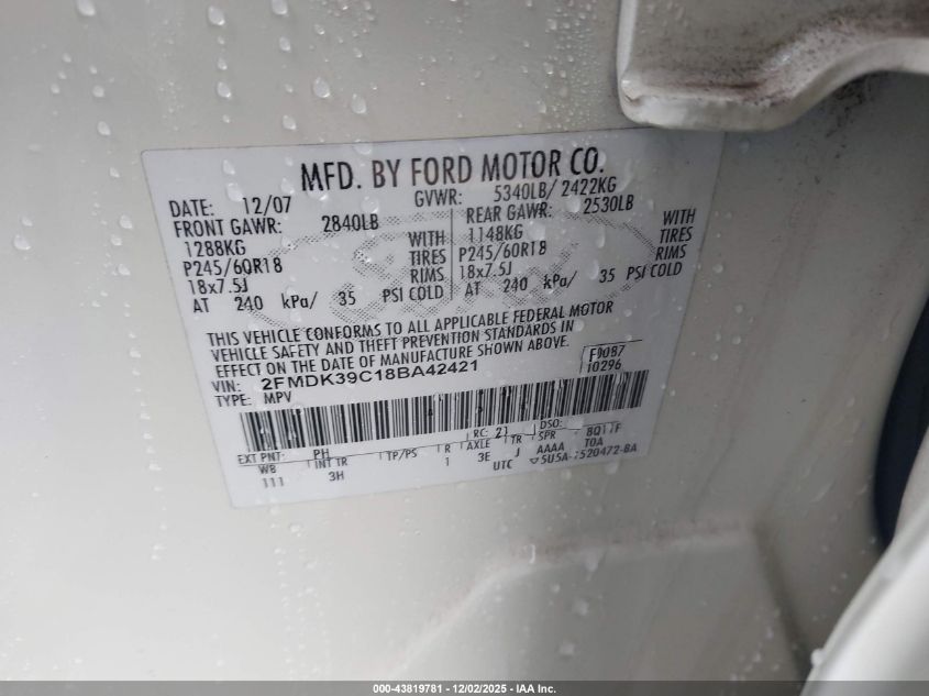 2008 Ford Edge Limited VIN: 2FMDK39C18BA42421 Lot: 43819781