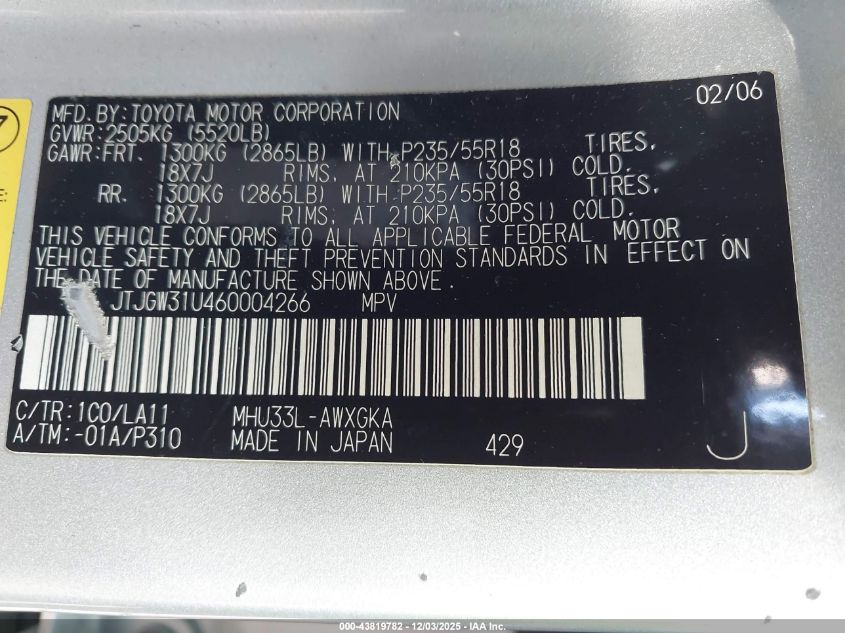 2006 Lexus Rx 400H VIN: JTJGW31U460004266 Lot: 43819782