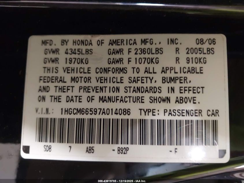 2007 Honda Accord 3.0 Ex VIN: 1HGCM66597A014086 Lot: 43819785