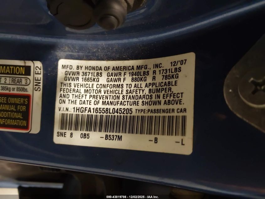 2008 Honda Civic Lx VIN: 1HGFA16558L045205 Lot: 43819786
