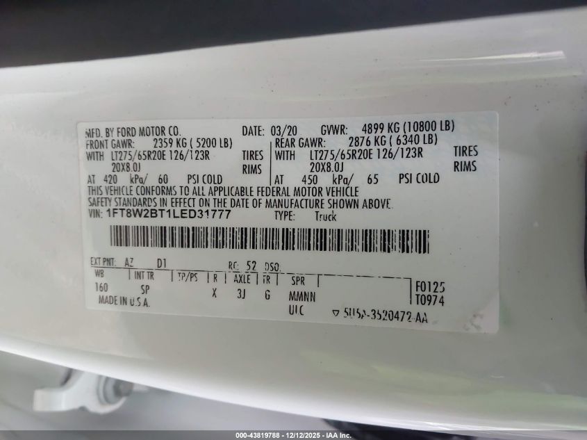 2020 Ford F-250 King Ranch VIN: 1FT8W2BT1LED31777 Lot: 43819788