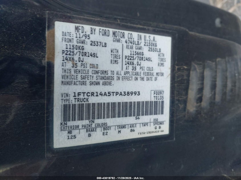 1996 Ford Ranger Super Cab VIN: 1FTCR14A5TPA38993 Lot: 43819792