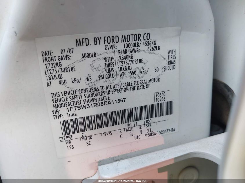 2008 Ford F-350 Fx4/Harley-Davidson/King Ranch/Lariat/Xl/Xlt VIN: 1FTSW31R08EA11567 Lot: 43819801