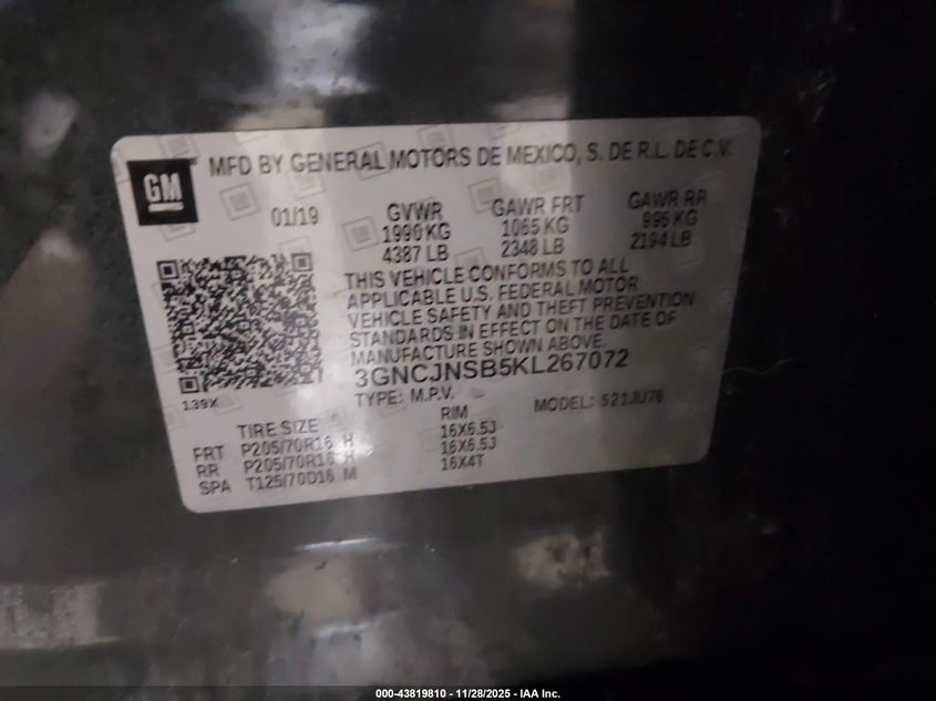 2019 Chevrolet Trax Ls VIN: 3GNCJNSB5KL267072 Lot: 43819810