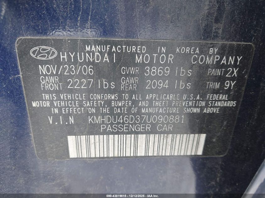 2007 Hyundai Elantra Gls/Limited/Se VIN: KMHDU46D37U090881 Lot: 43819815