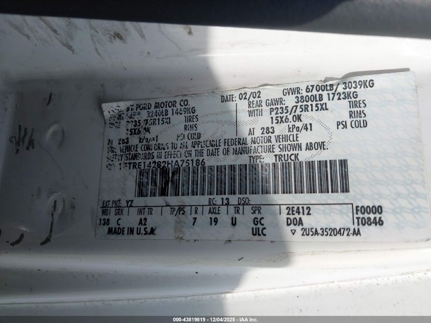 2002 Ford E-150 Commercial/Recreational VIN: 1FTRE14282HA75186 Lot: 43819819