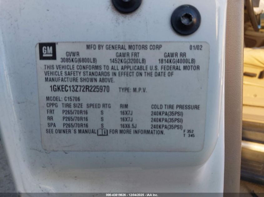 2002 GMC Yukon Slt VIN: 1GKEC13Z72R225970 Lot: 43819826