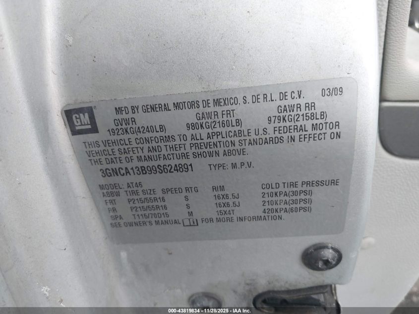 2009 Chevrolet Hhr Ls VIN: 3GNCA13B99S624891 Lot: 43819834