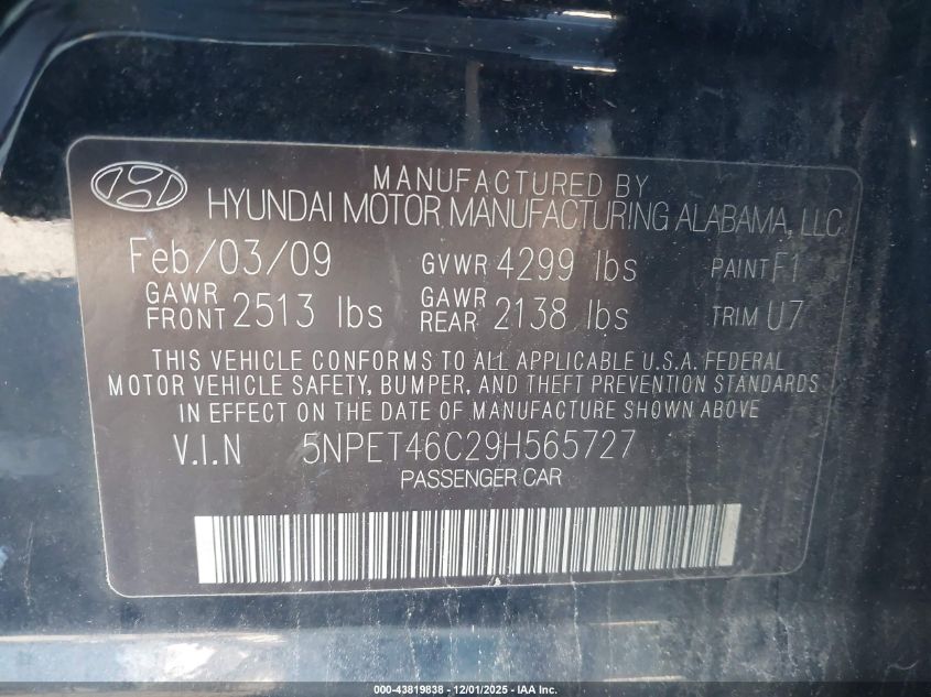 2009 Hyundai Sonata Gls VIN: 5NPET46C29H565727 Lot: 43819838