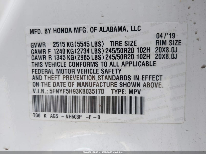 2019 Honda Pilot Touring VIN: 5FNYF5H93KB035170 Lot: 43819843