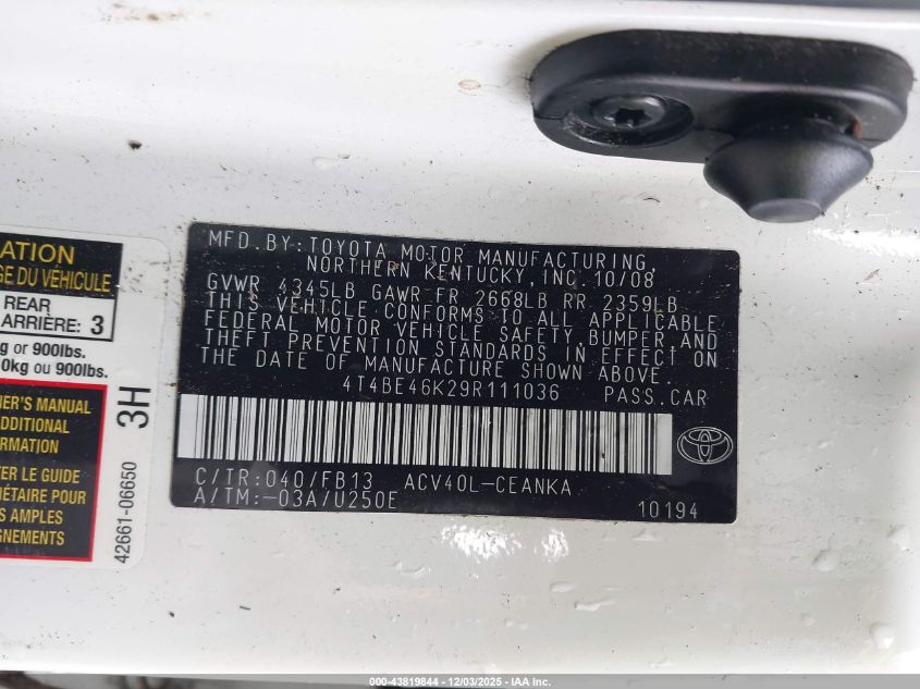 2009 Toyota Camry Le VIN: 4T4BE46K29R111036 Lot: 43819844