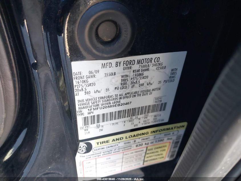 2009 Ford Expedition Limited VIN: 1FMFU20589EB20467 Lot: 43819846