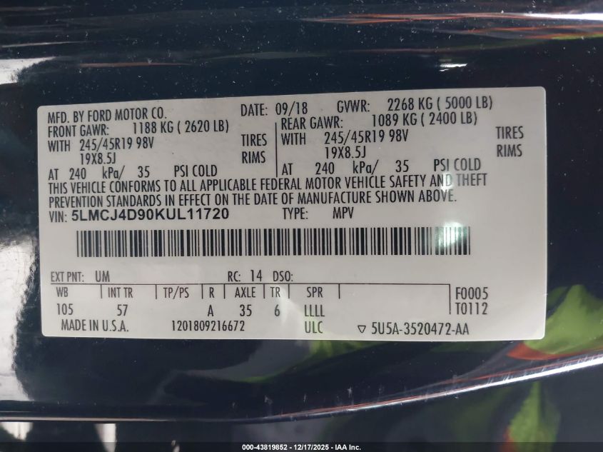 2019 Lincoln Mkc Black Label VIN: 5LMCJ4D90KUL11720 Lot: 43819852