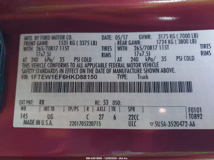 2017 Ford F-150 Xlt VIN: 1FTEW1EF6HKD88150 Lot: 43819859